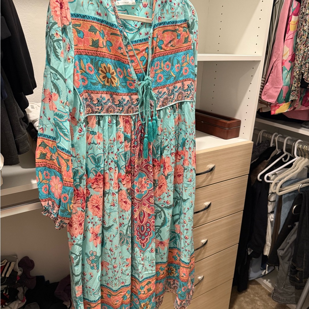 Floral Bohemian Dress in Teal and Coral